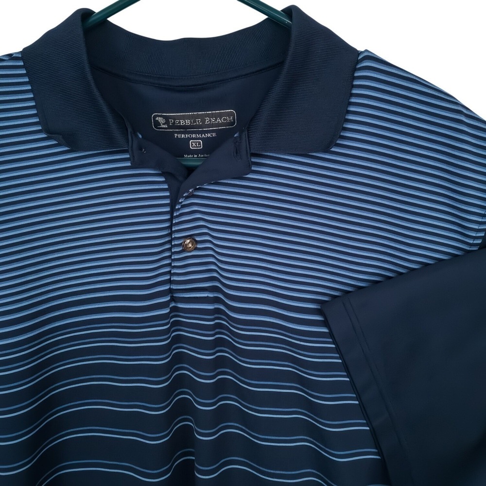 Pebble Beach Polo Shirt Mens XL Blue Striped Performance Short Sleeve Polyester